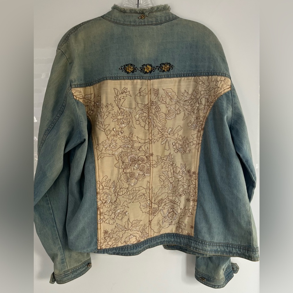 Chico's Women's Distressed Embroidered Sequin Denim Jacket
